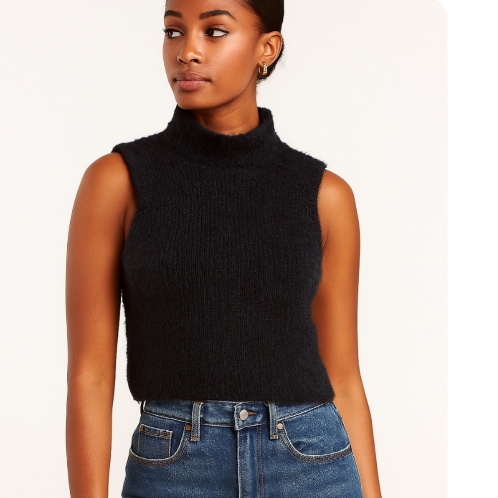 Fuzzy Black Sleeveless Sweater Vest Mock Neck Boutique Size L
